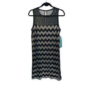 NWT, RN Studio by Ronni Nicole Metallic Chevron Cocktail Dress Black Gold